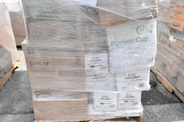 Pallet of 25 scratch and dent items wrapped in plastic, including portion cups, heavy weight teaspoons, and forks. Brand new.