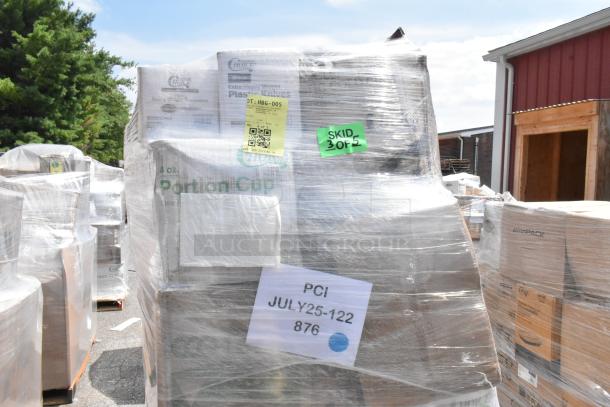 Shrink-wrapped pallet of assorted new items, including trash bags, cups, to-go containers, and plastic spoons. Labels suggest bulk purchase.