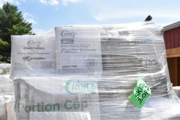 Skid with scratch and dent items: heavy weight teaspoons, plastic knives, portion cups, wrapped, marked "Skid 3 of 3".