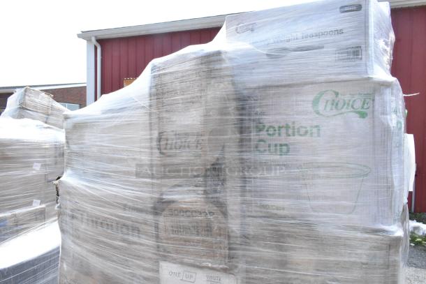 Large pallet of 25 new scratch and dent items including trash bags, cold cups, T-shirt bags, wrapped in protective plastic.