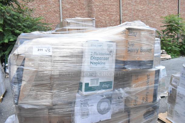 Pallet of assorted new items including dispenser napkins, pulp berry baskets, plastic plates, and more, wrapped in plastic.