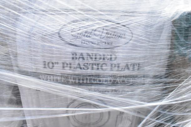 Pallet of 20 new scratch and dent plastic plates, 10-inch banded, in protective wrapping. Tag shows “Golden Occasions.”