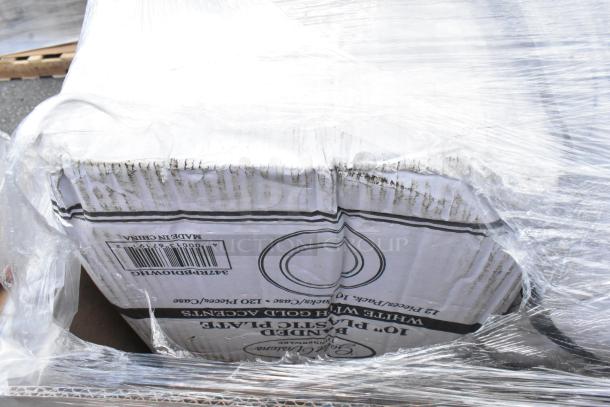 Sealed box of white plastic plates, marked "10" Band" and "Made in China," covered in protective plastic wrap.