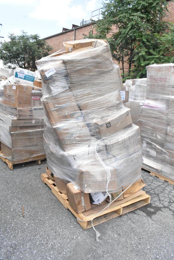 Pallet of 35 boxes with hot cups, lids, plates, cold cups, napkins, and utensils, sealed in plastic wrap, some boxes dented.