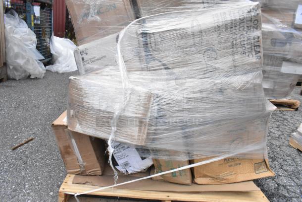 Pallet of 35 brand new scratch and dent items, including hot cups, lids, plates, cold cups, napkins, plastic utensils.