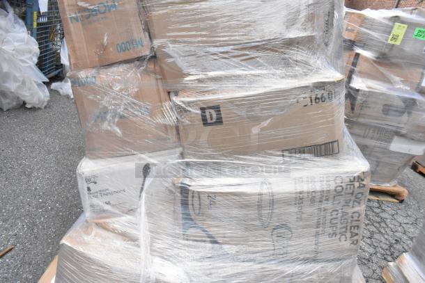 Pallet of 35 scratch and dent boxes containing hot cups, lids, plates, cold cups, napkins, and plastic utensils, wrapped in plastic.