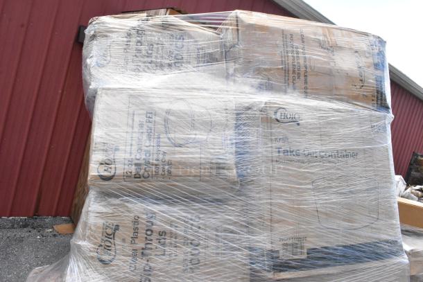 Plastic-wrapped stack of boxes labeled with "Choice" brand, containing scratch and dent items like cups and containers.
