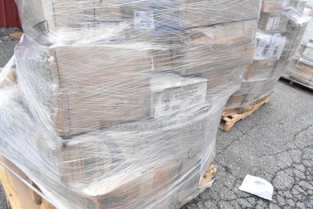 Shrink-wrapped pallet with 35 brand new scratch and dent items including hot cups, lids, plates, cold cups, napkins, utensils.