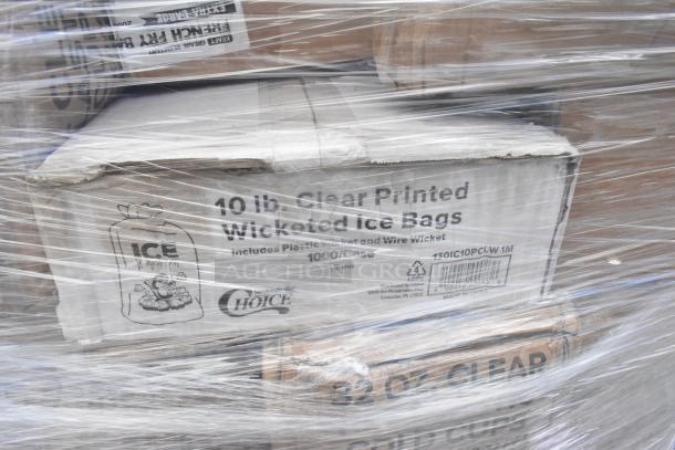 35 new scratch and dent items including hot cups, lids, plates, ice bags, napkins, utensils; wrapped pallet.
