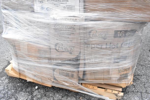 Pallet wrapped with assorted boxes including Choice hot cups and cold cups, marked "scratch and dent."