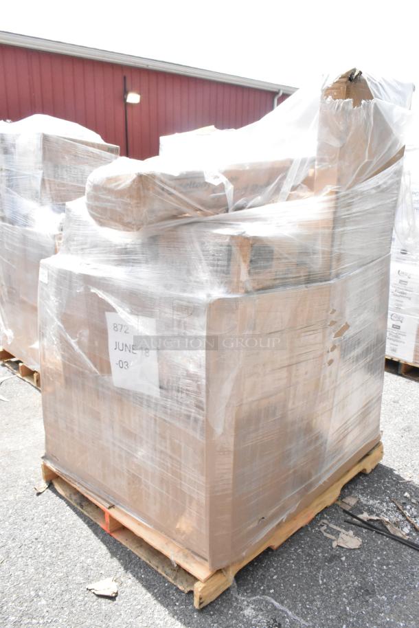 Pallet of 20 scratch and dent items wrapped in plastic. Includes plastic tumblers, to-go containers, speed rail. Labels show codes and dates.