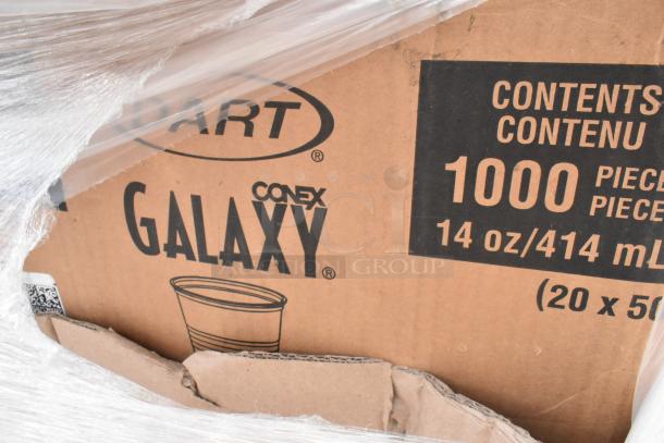 Cardboard box labeled "Dart Conex Galaxy" containing 1000 plastic tumblers, 14 oz/414 mL, part of a 20-piece new lot.