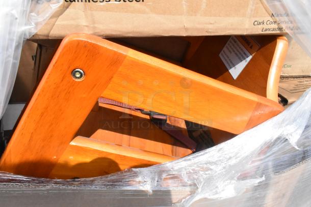 Box of 20 new scratch and dent items, including wooden frames and boxes. Some labels visible, indicating contents.