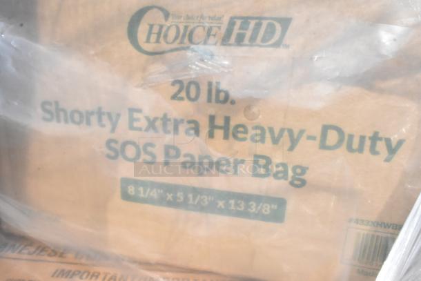 Box labeled "Choice HD 20 lb. Shorty Extra Heavy-Duty SOS Paper Bag," featuring dimensions 8 1/4" x 5 1/3" x 13 3/8".