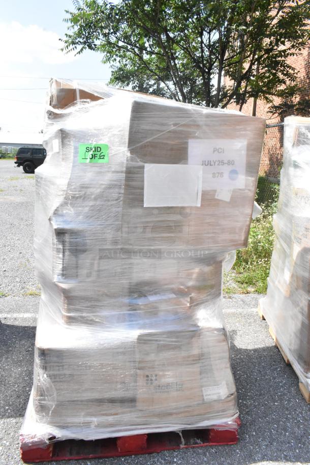 Pallet of 23 brand new scratch and dent items, shrink-wrapped with visible tags, including glass rack and motor assembly.