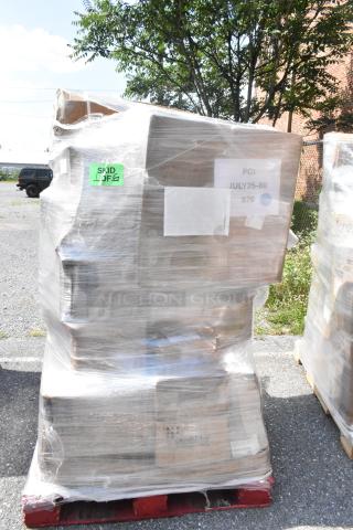 Pallet of 23 brand new scratch and dent items, shrink-wrapped with visible tags, including glass rack and motor assembly.