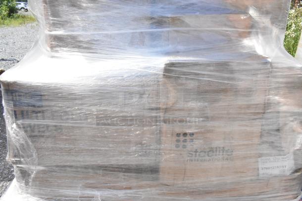 Plastic-wrapped pallet of 23 assorted new scratch-and-dent items, including labeled boxes of glass racks and more.