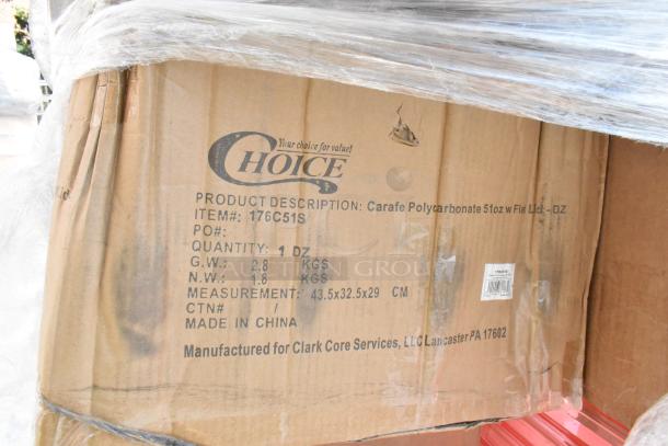 Cardboard box labeled "Choice" containing carafe polycarbonate 51oz with flat lid. Item#: 176C51S. Made in China.