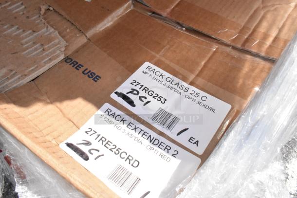 Cardboard boxes labeled "RACK GLASS 25 C" and "RACK EXTENDER 2" with barcodes, indicating glass rack items.