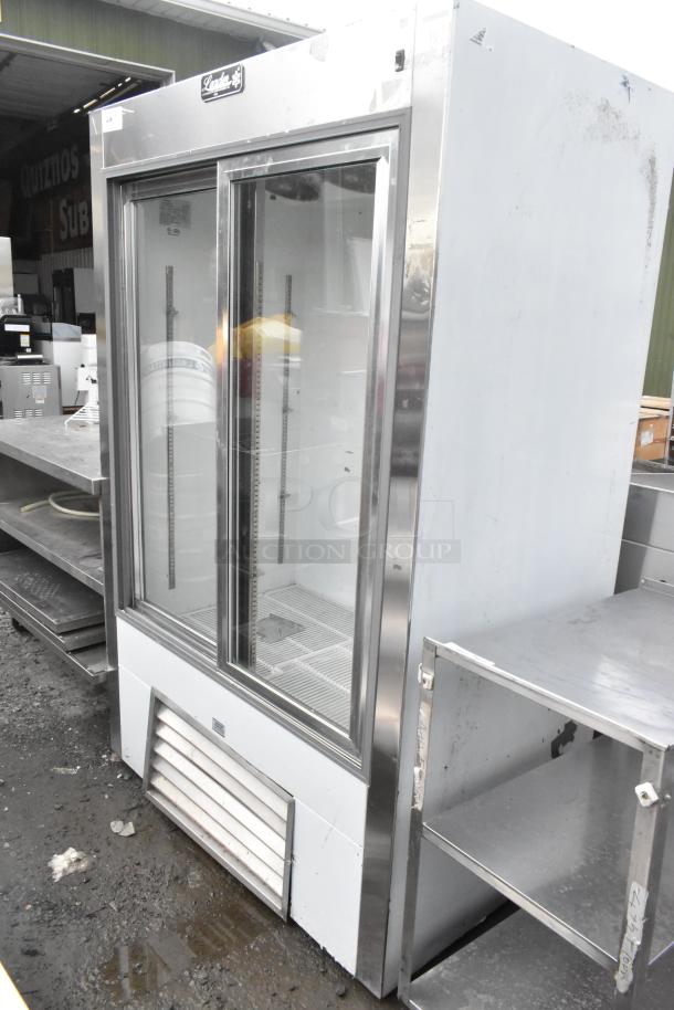 Leader LS48 S/C 2-Door Reach-In Cooler, metal exterior, 115 volts, 1 phase, commercial use condition, glass doors.