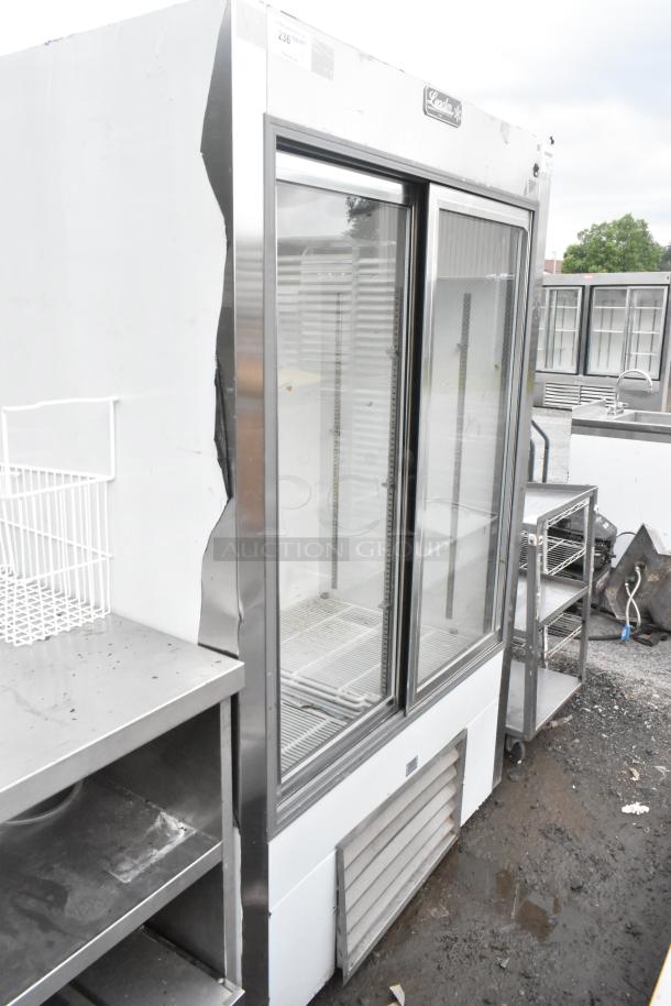 Leader LS48 S/C Metal Commercial 2 Door Reach In Cooler Merchandiser, 115V 1 Phase, glass doors, exterior scuffs visible.
