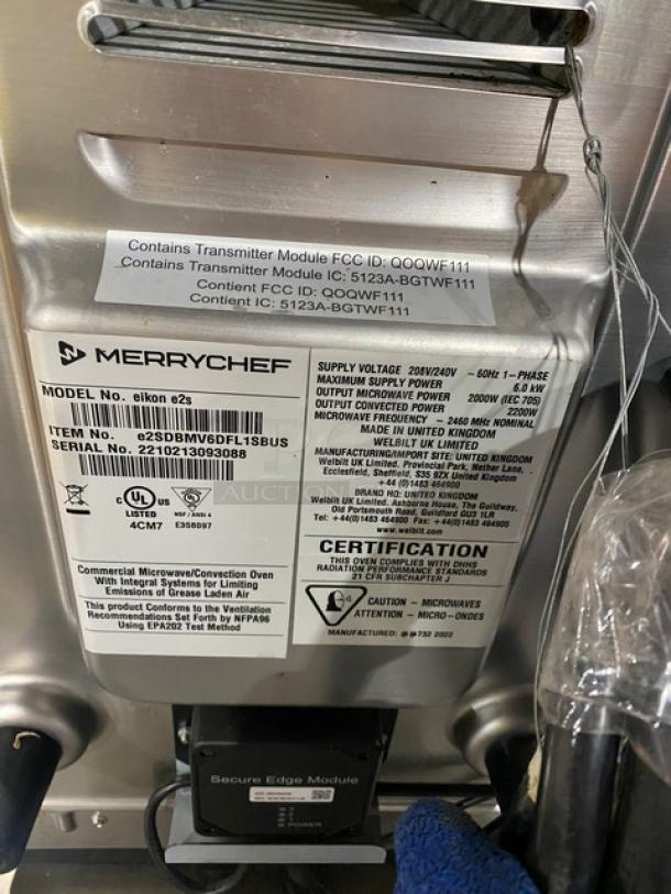 Merrychef Eikon E2S high-speed cook oven, model 2022, black, 208/240V, 1 phase, SN: 2210213093088, excellent condition.