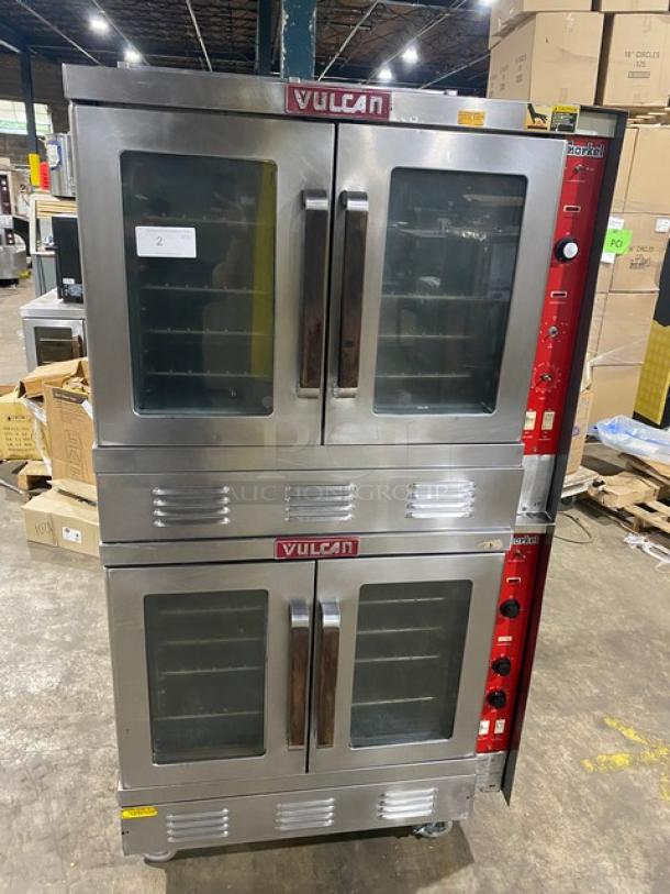 Vulcan SG1010B double-stacked convection oven, stainless steel, natural gas, on casters, red control panel, commercial use.