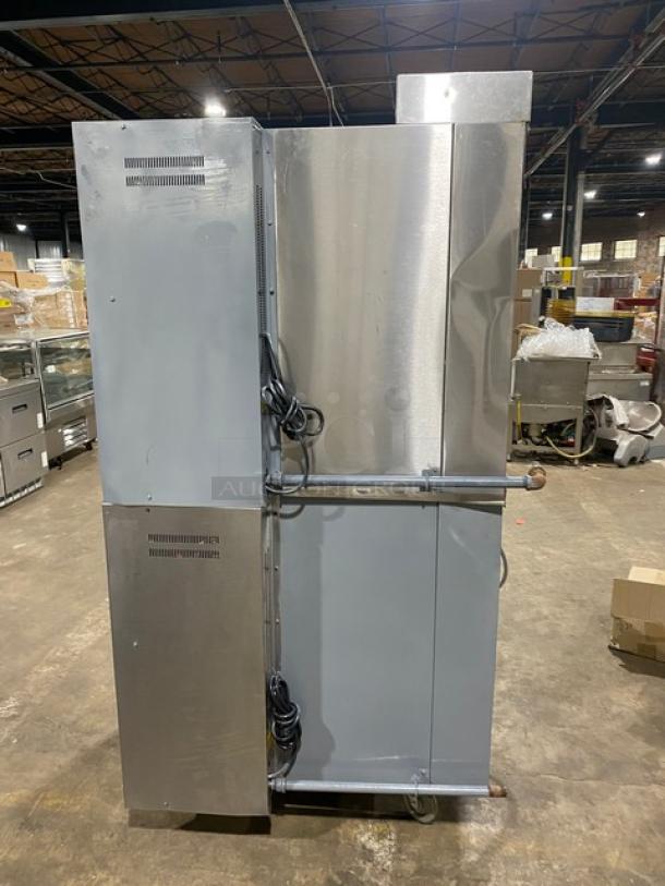 Vulcan Snorkel SG1010B commercial stainless steel natural gas double stacked convection oven, SN: 481070435AS, on casters.