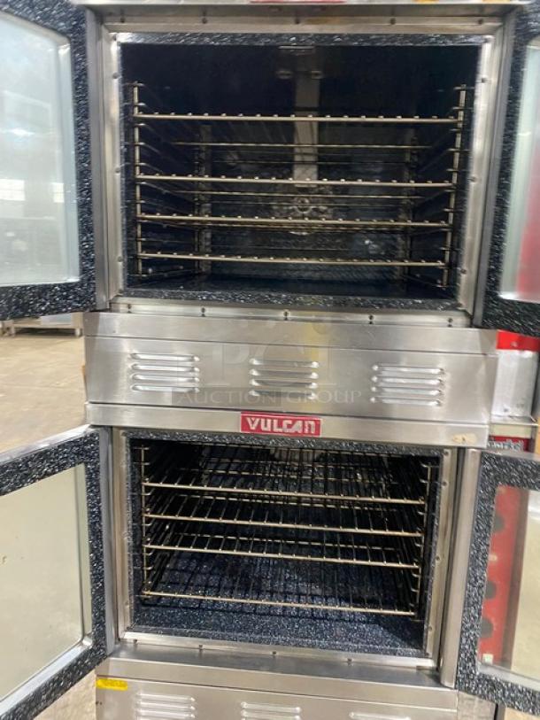 Vulcan SG1010B double stacked convection oven, stainless steel, natural gas, on casters, open doors show interior racks.