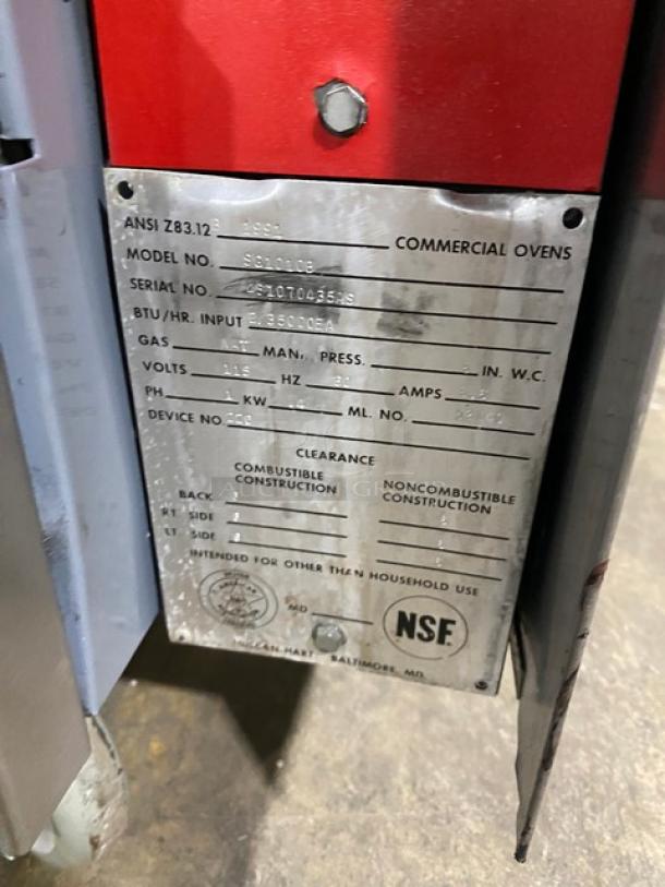 Vulcan Snorkel Series SG1010B double stacked convection oven; stainless steel; natural gas; 115V, 1 Phase; on casters; Serial No. 481070435AS; NSF certified plate with specs visible.