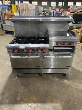 Therma-Tek commercial stainless steel range with 6 burners, raised flat griddle, double oven, broiler, backsplash, and casters.