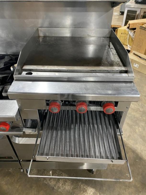Therma-Tek stainless steel 6-burner range with griddle, broiler, double oven, backsplash, salamander shelf, on casters. Excellent condition.