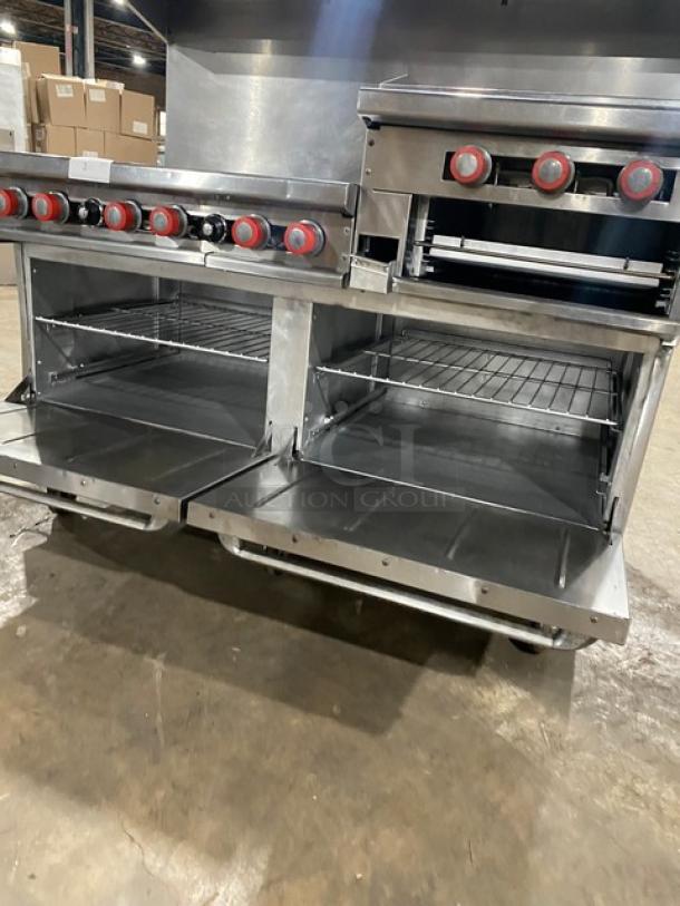 Therma-Tek commercial stainless steel 6-burner range with griddle, double oven, broiler, backsplash, and salamander shelf.