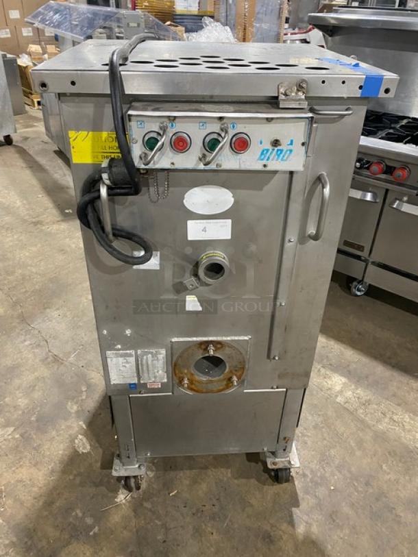Biro commercial electric meat mixer/grinder on casters. Features control panel, automatic feed, visible brand label, industrial condition.