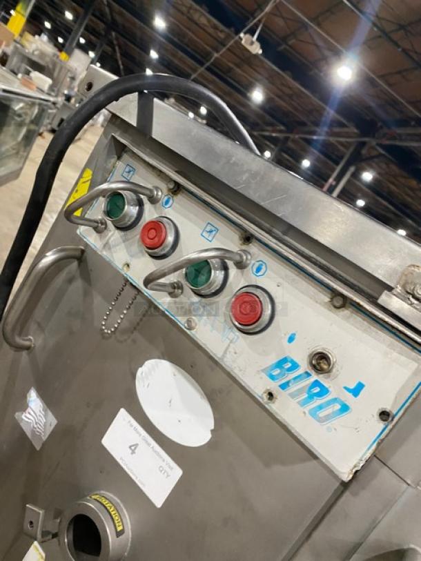 Biro commercial electric meat mixer/grinder with automatic feed, control panel, and casters; features visible brand label.