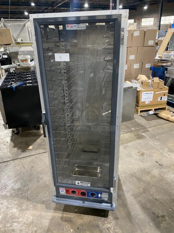Metro C5-1 Series single glass door heated holding/proofing cabinet, Model C519CFCU, on casters, 120V, clean condition.