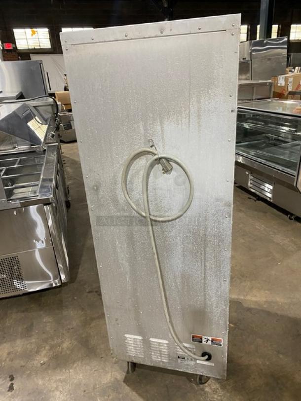 Metro C5-1 Series Single Glass Door Heated Cabinet, Model C519-CFC-U, 120V, on casters, commercial use, back view.