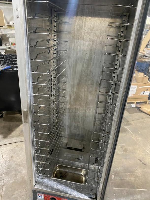 Metro C5-1 Series heated holding cabinet, model C519-CFC-U, glass door, 120V, on casters, visible slots for trays.