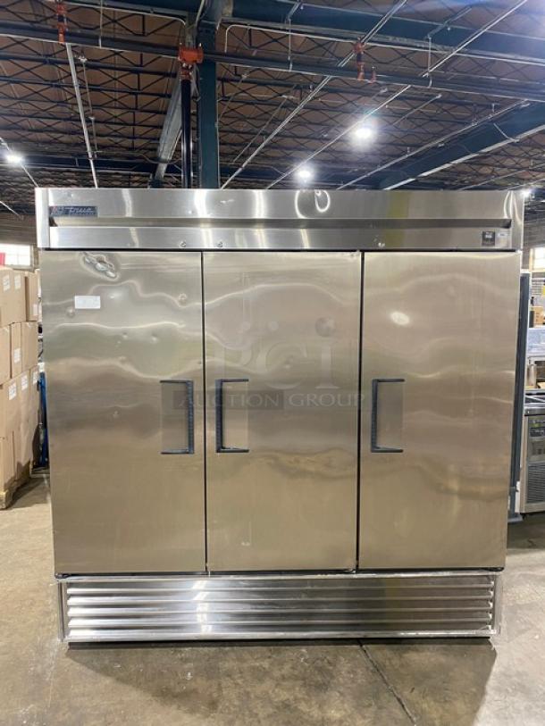 True Commercial Stainless Steel 3 Door Reach-In Freezer, Model TS-72F, with poly coated wire racks, in excellent condition.