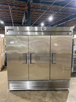 True Commercial Stainless Steel 3 Door Reach-In Freezer, Model TS-72F, with poly coated wire racks, in excellent condition.