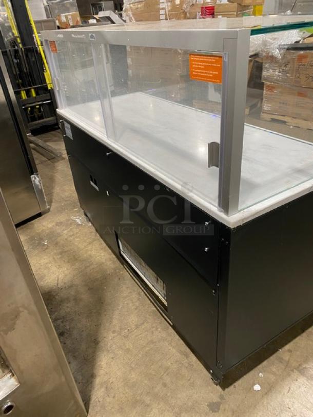 Structural Concepts SBZ6652DR refrigerated merchandiser, black, multi-level, glass showcase, 220V, 1 phase, on legs.