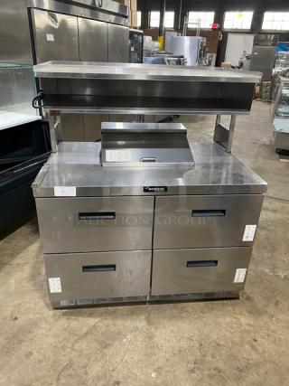 Delfield stainless steel 4-drawer refrigerated prep table with enclosed overhead storage. Ideal for salad/sandwich prep.