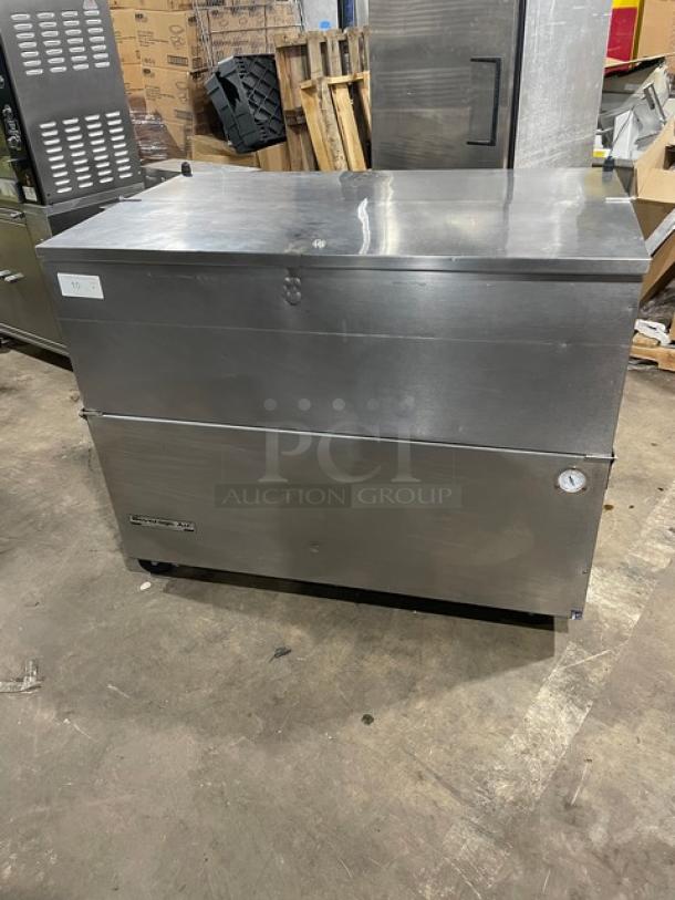 Beverage-Air SM49N stainless steel milk cooler, single access, commercial grade, 115V, 1 phase, with temperature gauge.