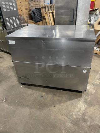 Beverage-Air SM49N stainless steel milk cooler, single access, commercial grade, 115V, 1 phase, with temperature gauge.
