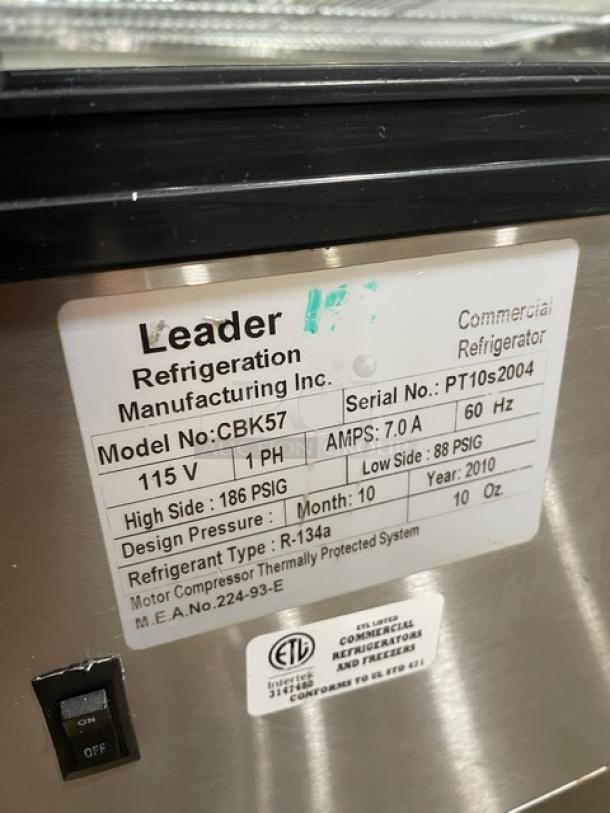 Leader CBK57 refrigerated bakery display case, stainless steel, 57", straight glass, adjustable racks, Model: CBK57, SN: PT10s2004.