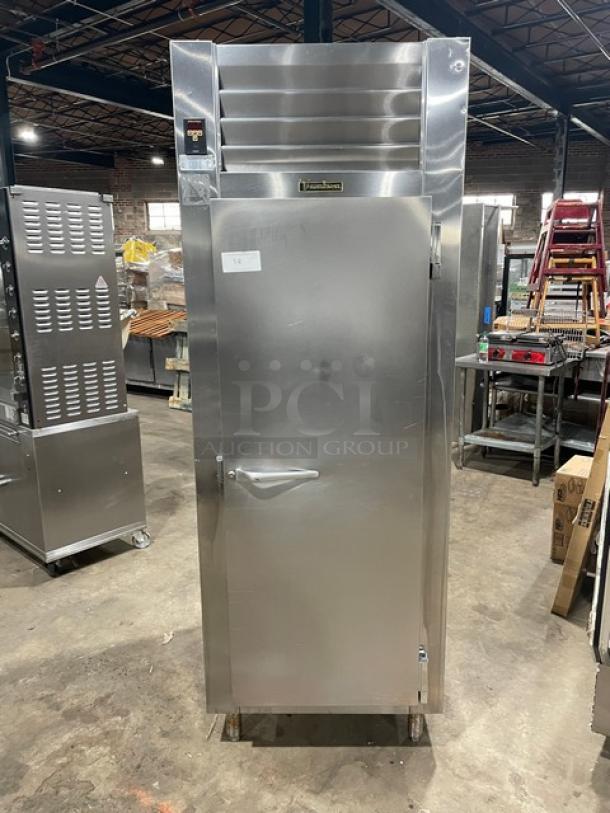 Traulsen stainless steel single door reach-in freezer, model RLT132WUTFHS, Energy Star certified, 115V 1 Phase, on legs.