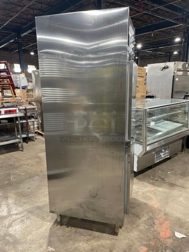 Traulsen stainless steel single door reach-in freezer, Model RLT132WUTFHS, Energy Star, 115V, on legs, good condition.