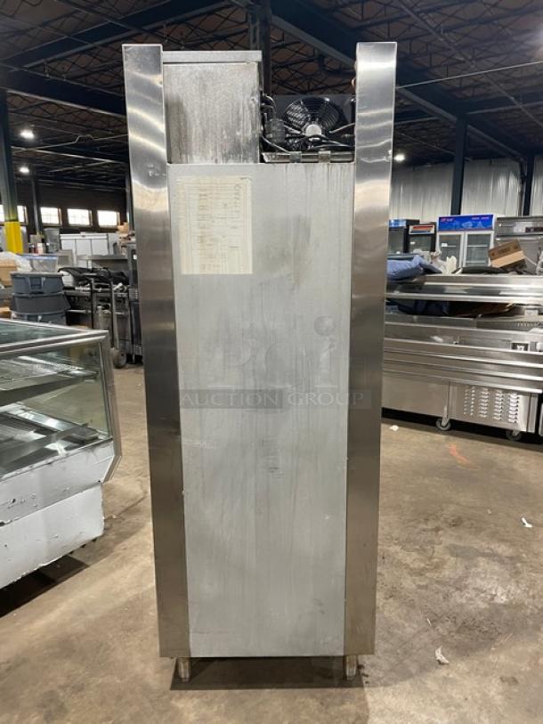 Traulsen stainless steel single door reach-in freezer, model RLT132WUTFHS, Energy Star certified, on legs, visible label.