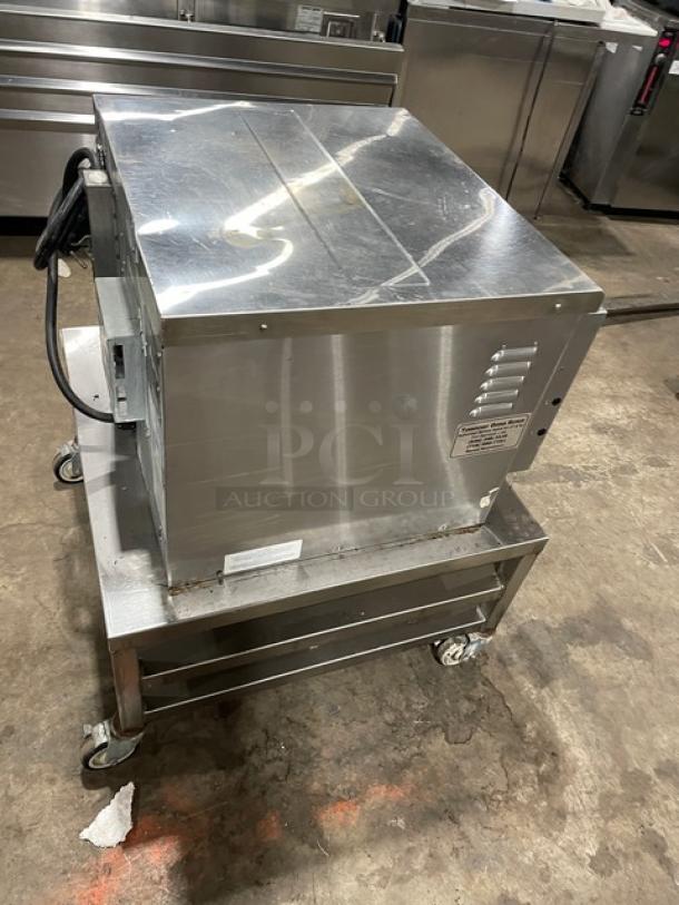 TurboChef NGC stainless steel electric ventless rapid cook oven on double undershelf cart, digital controls, 208/230-240V, on casters.
