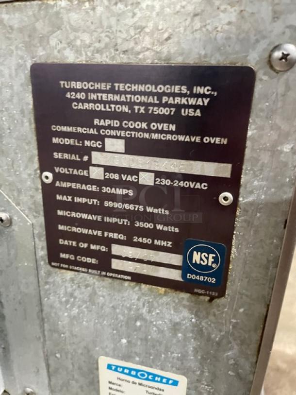 TurboChef Commercial Oven Model NGC label, showing voltage, wattage, and NSF certification details.